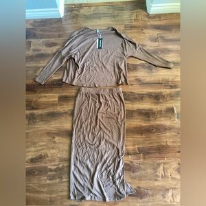 Brown Long Sleeve Tee with Long Matching Skirt - Soft Everyday Set